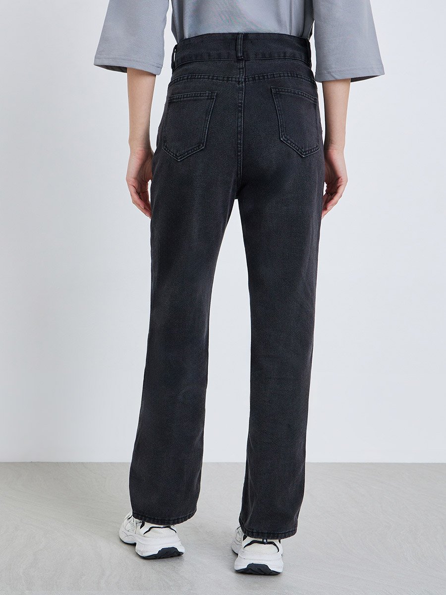 Mid Rise Plain Wide Leg Jeans