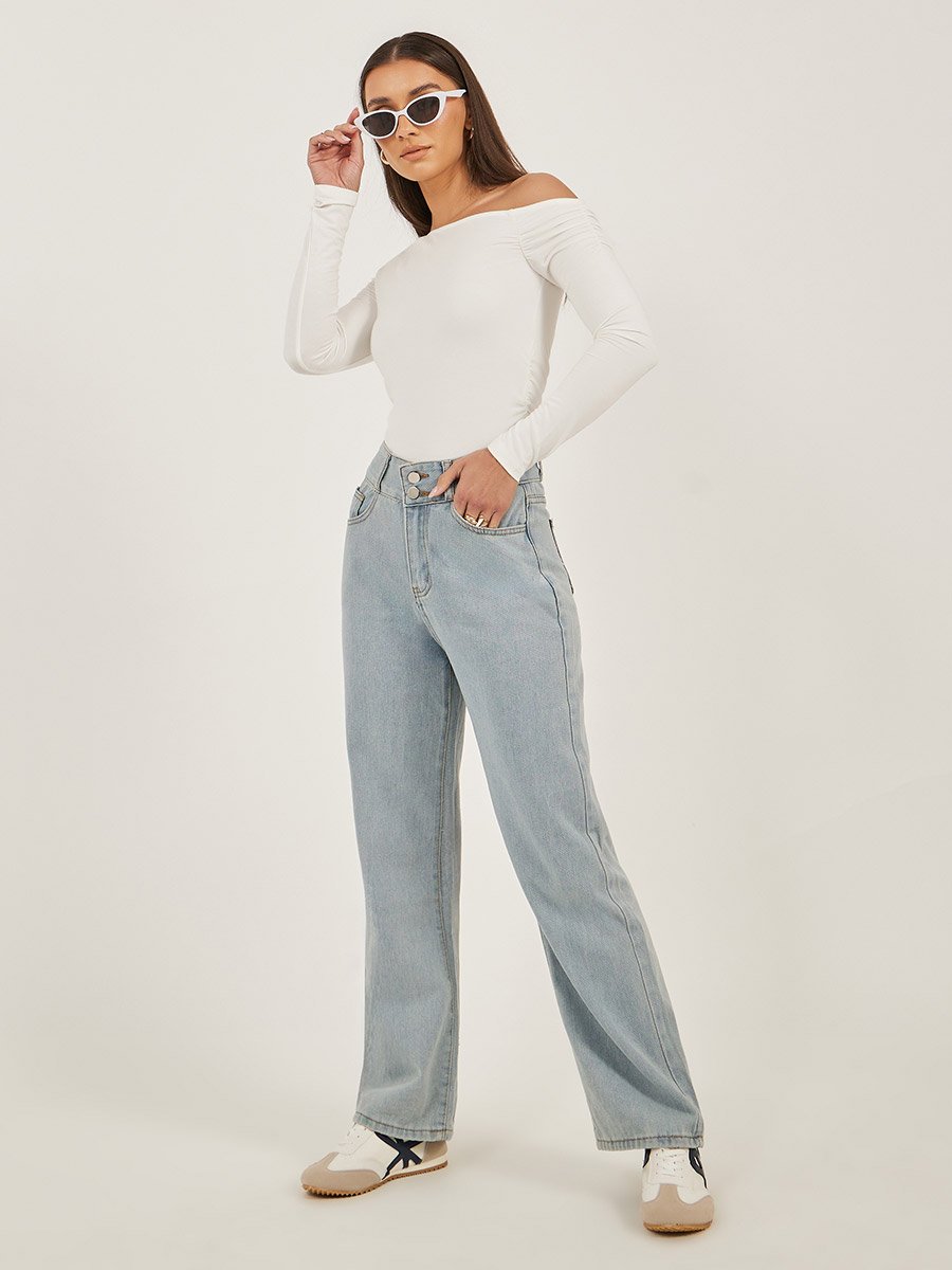 Mid Rise Plain Wide Leg Jeans