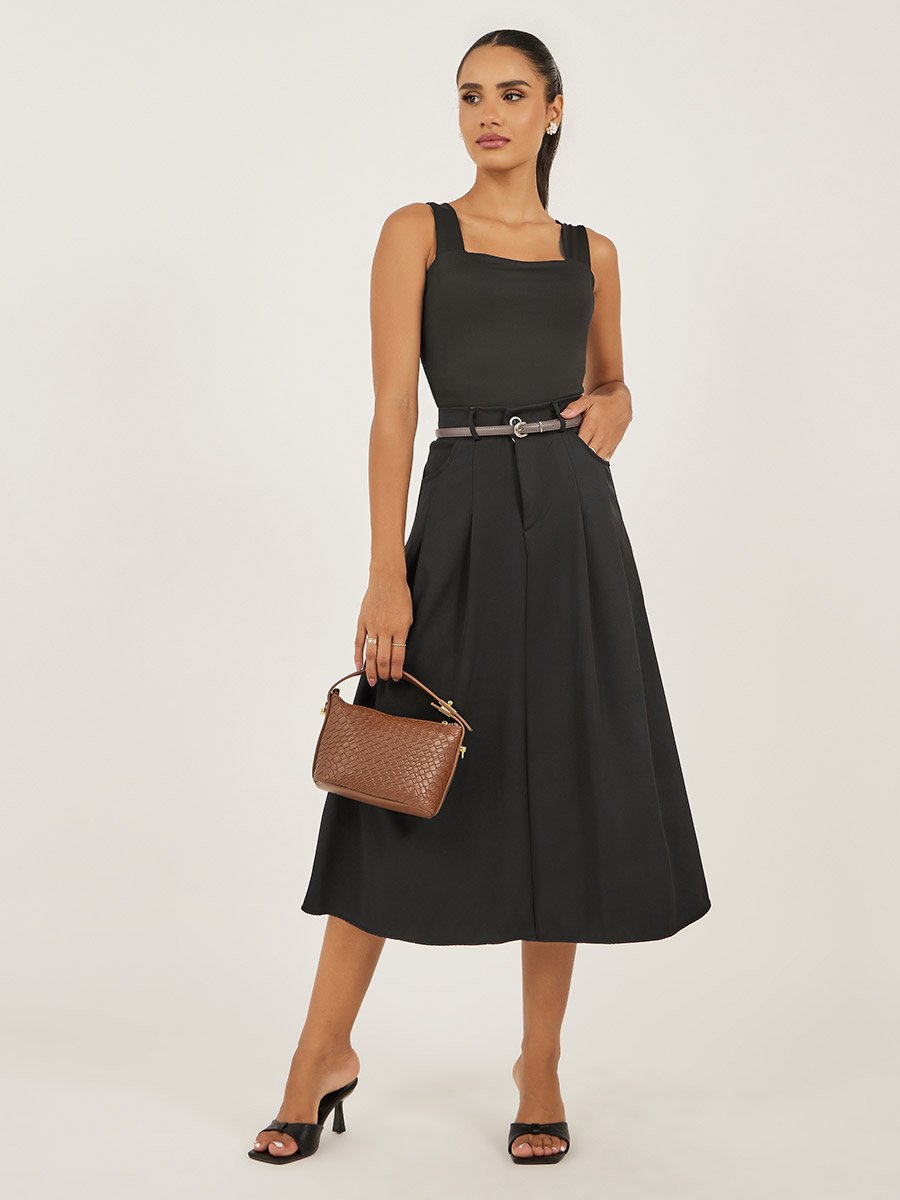 Pleated Mid Rise A-Line Skirt
