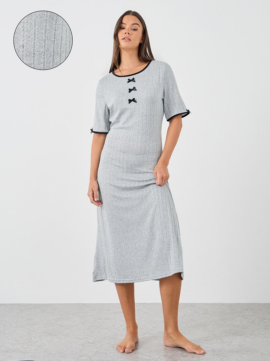Textured Rib Contrast Edge Bow Detail Night Dress