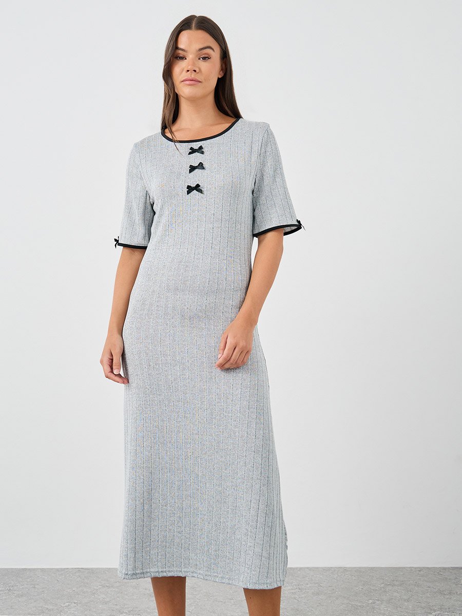 Textured Rib Contrast Edge Bow Detail Night Dress