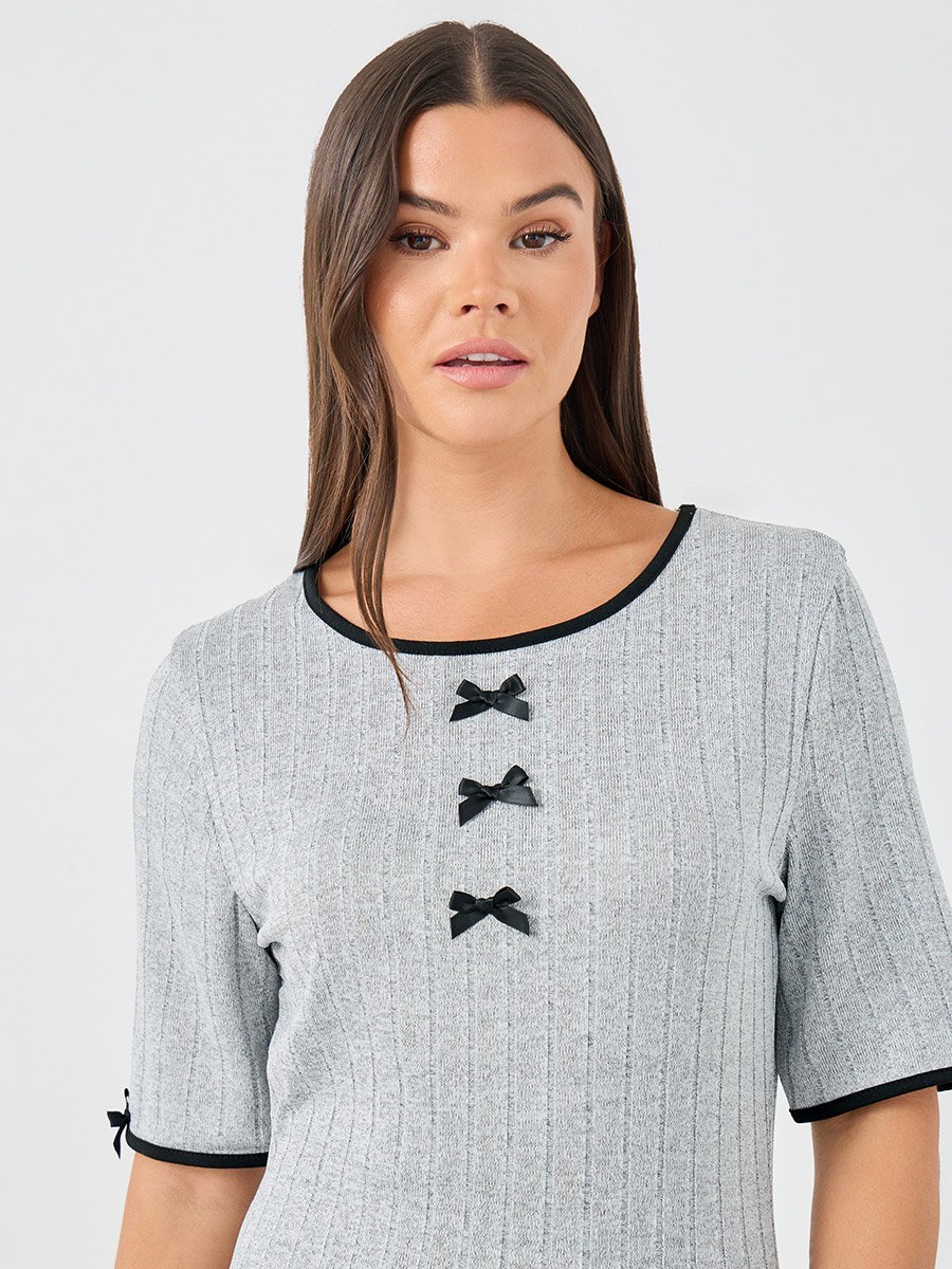 Textured Rib Contrast Edge Bow Detail Night Dress