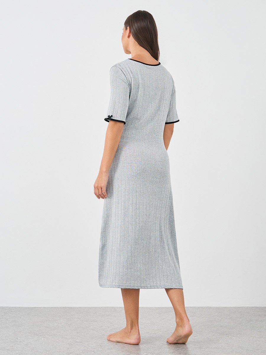 Textured Rib Contrast Edge Bow Detail Night Dress