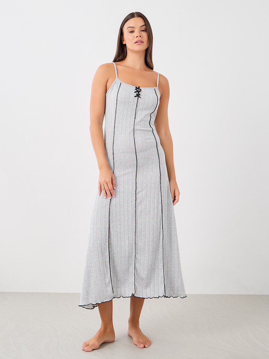 Ribbed Contrast Lettuce Hem Slip Dress with Bow Detail