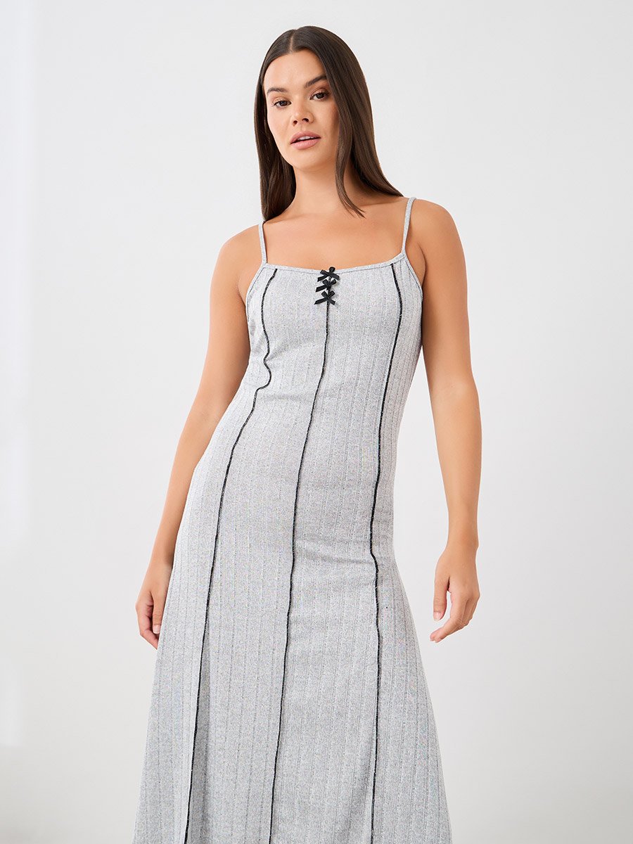 Ribbed Contrast Lettuce Hem Slip Dress with Bow Detail