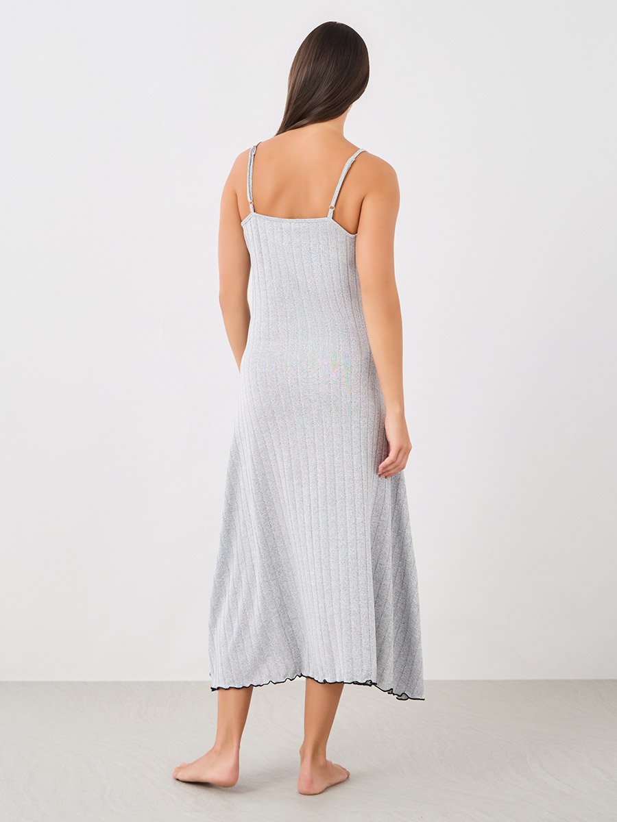 Ribbed Contrast Lettuce Hem Slip Dress with Bow Detail
