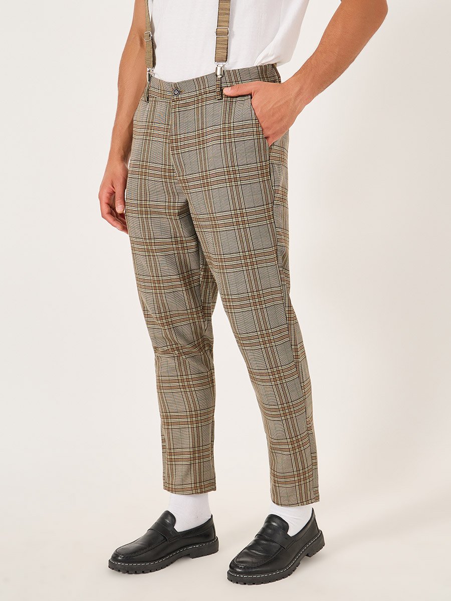 Plaid Slant Pocket Relaxed Fit Pants with Suspender