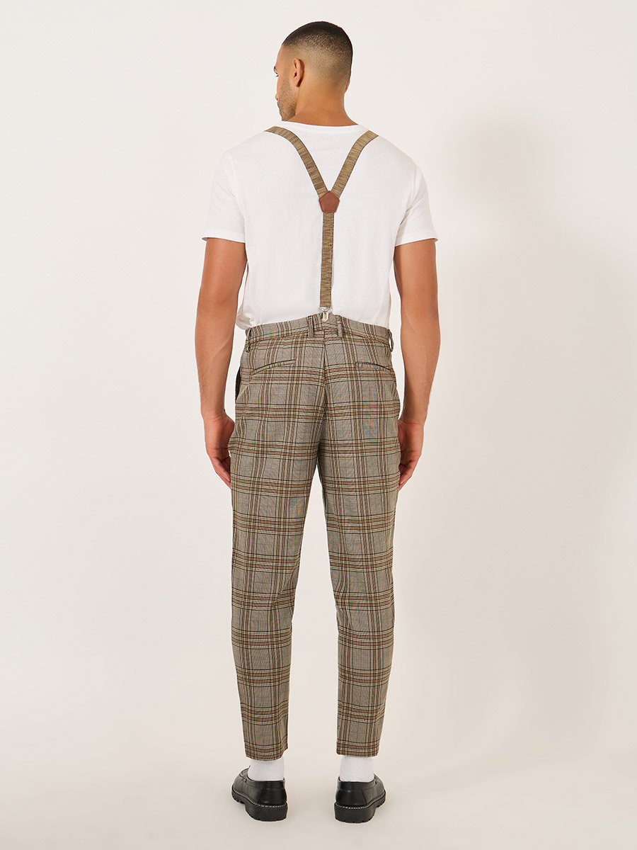 Plaid Slant Pocket Relaxed Fit Pants with Suspender