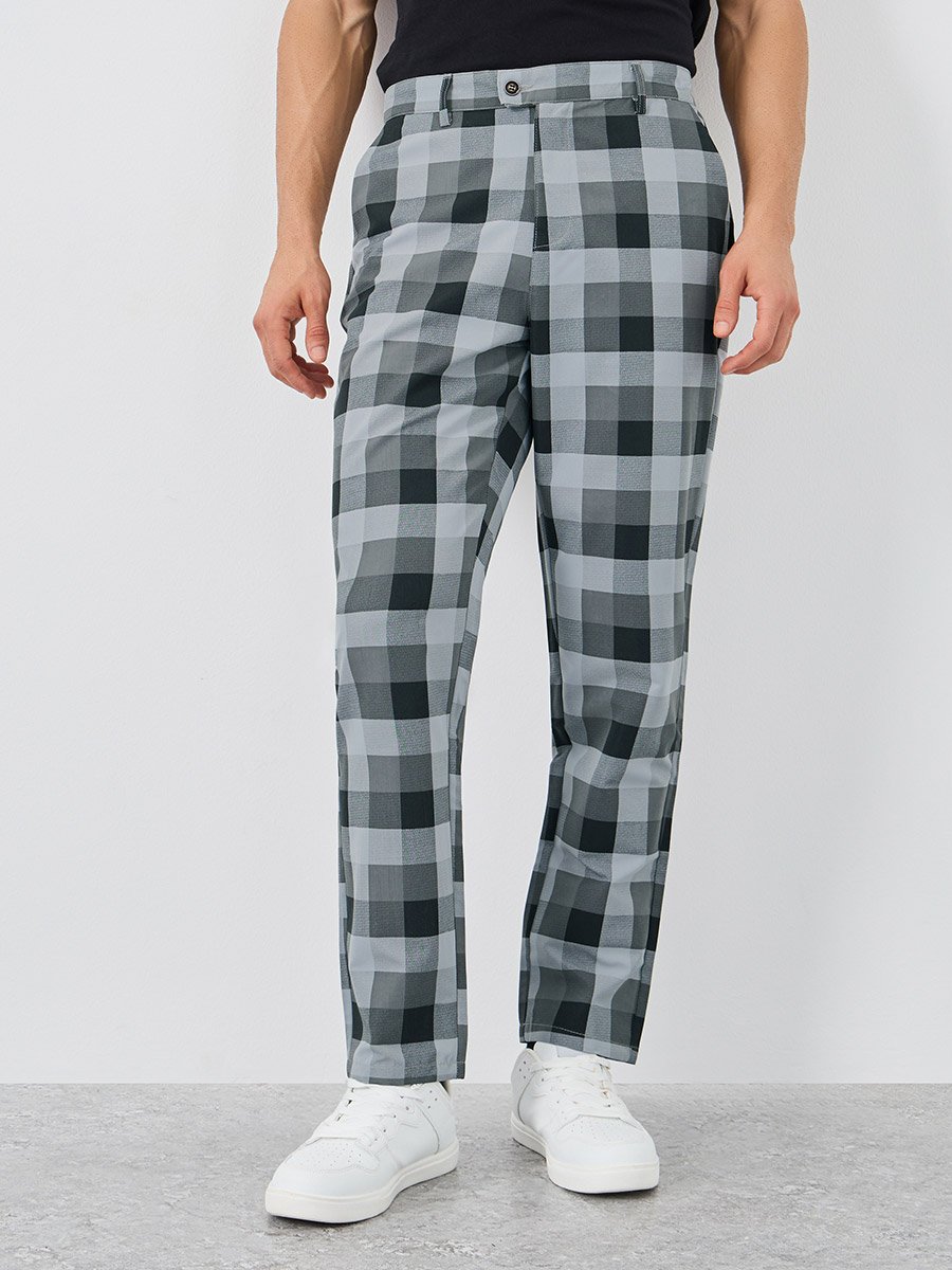 Men Plaid Flat Front Slim Fit Pants with Pockets