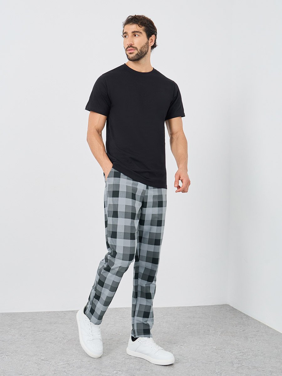 Men Plaid Flat Front Slim Fit Pants with Pockets