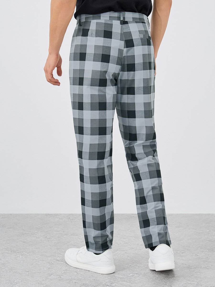 Men Plaid Flat Front Slim Fit Pants with Pockets
