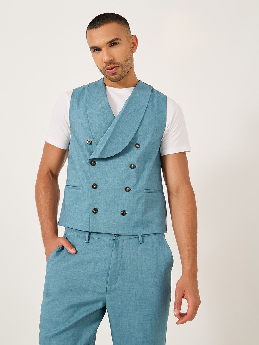 Solid Double Breasted Blazer Vest and Pants Co-Ords