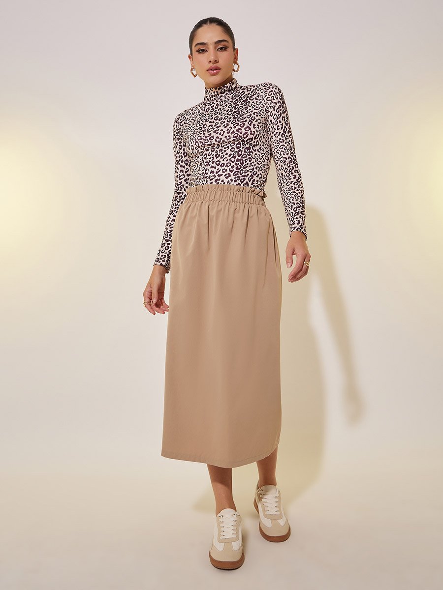 Solid High Rise Midi Skirt