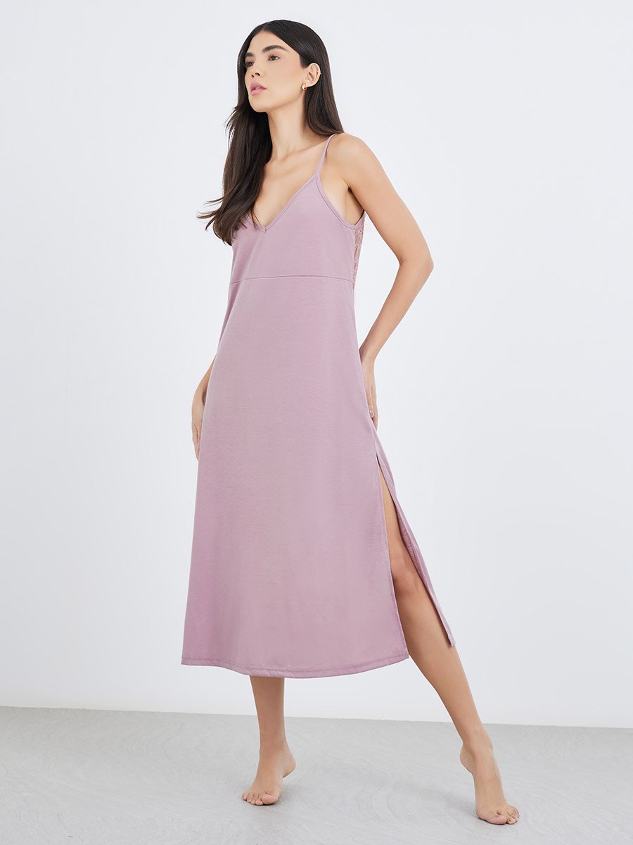 V Neck Open Back Lace Detail Side Slit Slip Dress
