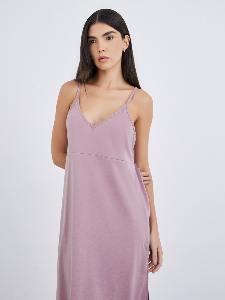 V Neck Open Back Lace Detail Side Slit Slip Dress