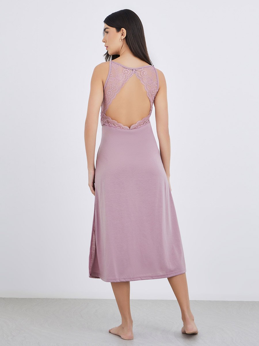 V Neck Open Back Lace Detail Side Slit Slip Dress