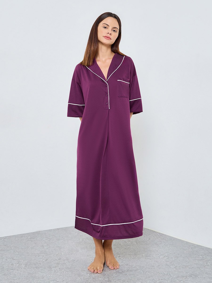 Contrast Piped Half Placket Nightshirt Dress