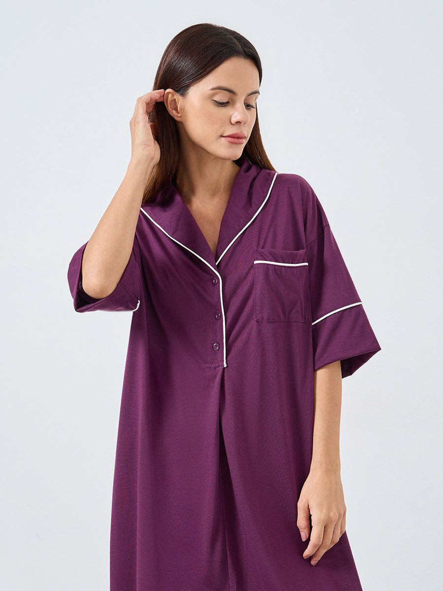 Contrast Piped Half Placket Nightshirt Dress