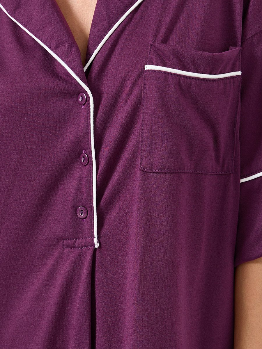 Contrast Piped Half Placket Nightshirt Dress