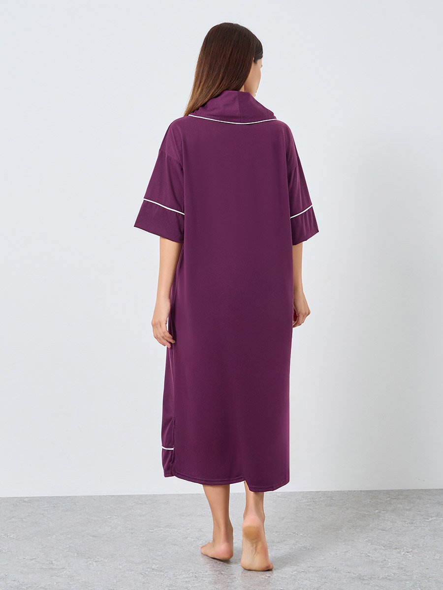 Contrast Piped Half Placket Nightshirt Dress