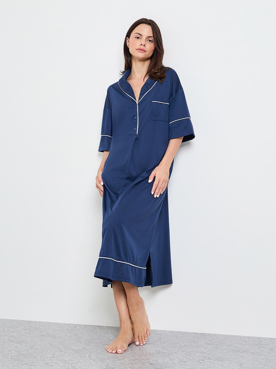 Contrast Piped Half Placket Nightshirt Dress