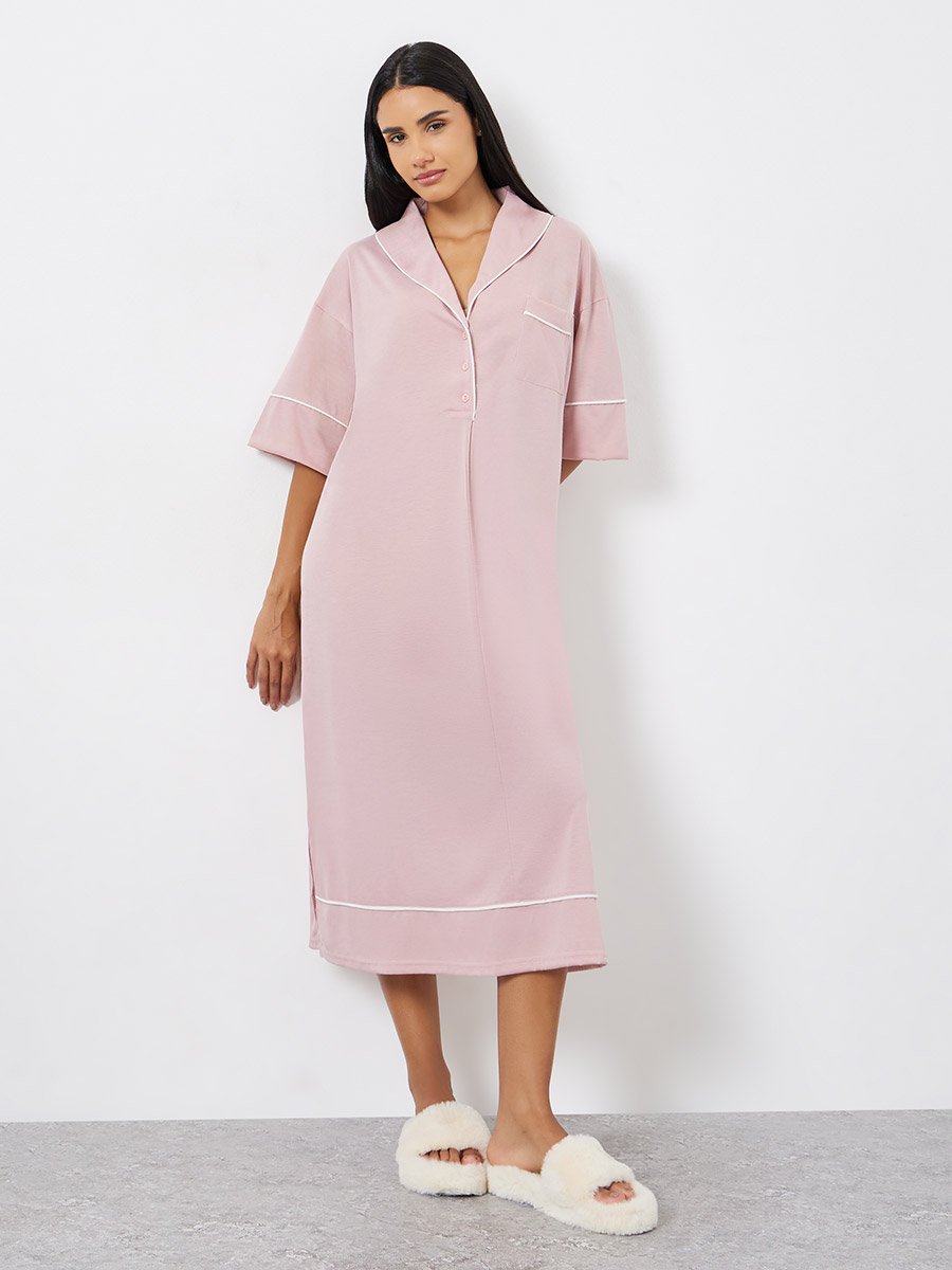 Contrast Piped Half Placket Nightshirt Dress