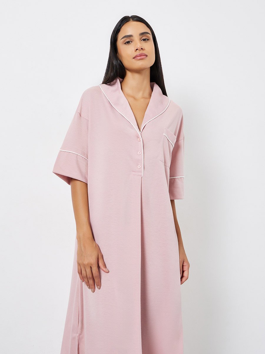Contrast Piped Half Placket Nightshirt Dress