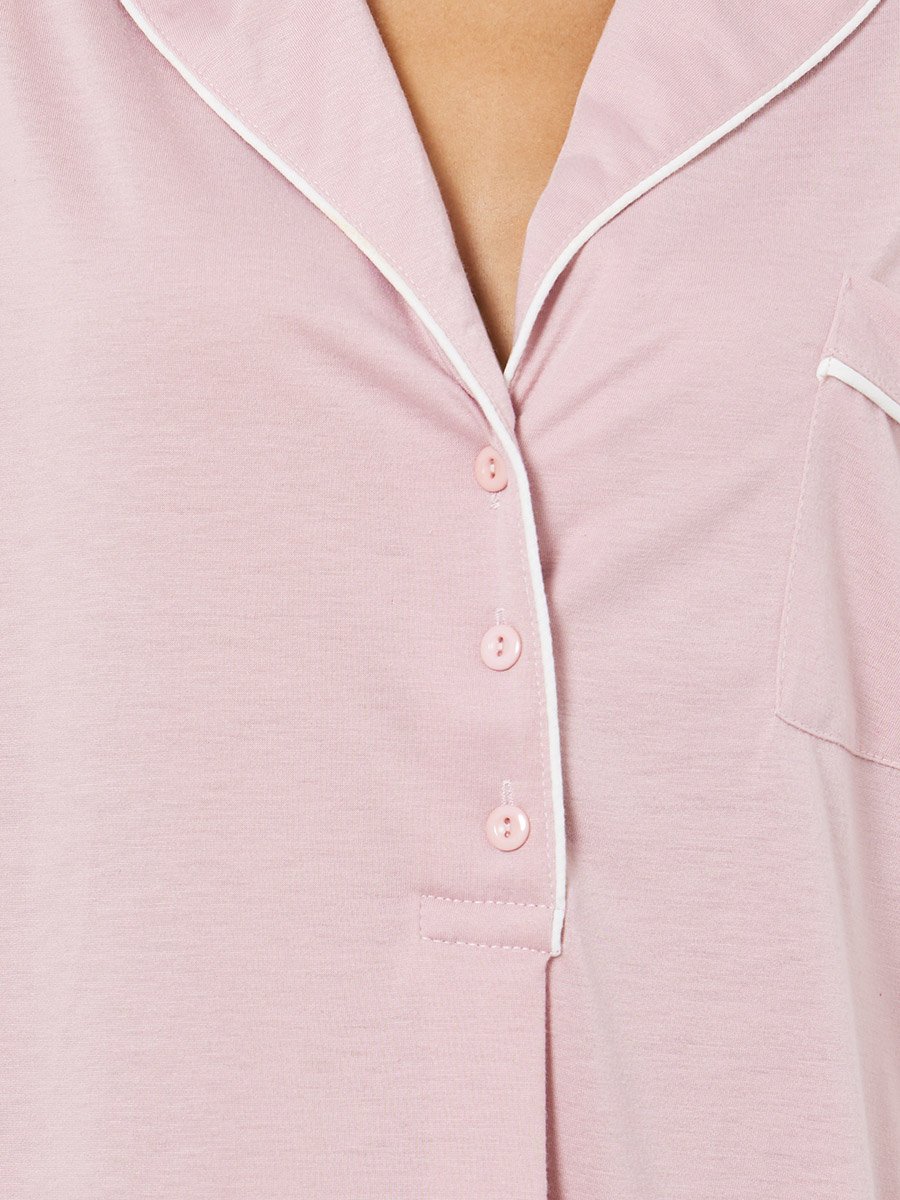 Contrast Piped Half Placket Nightshirt Dress