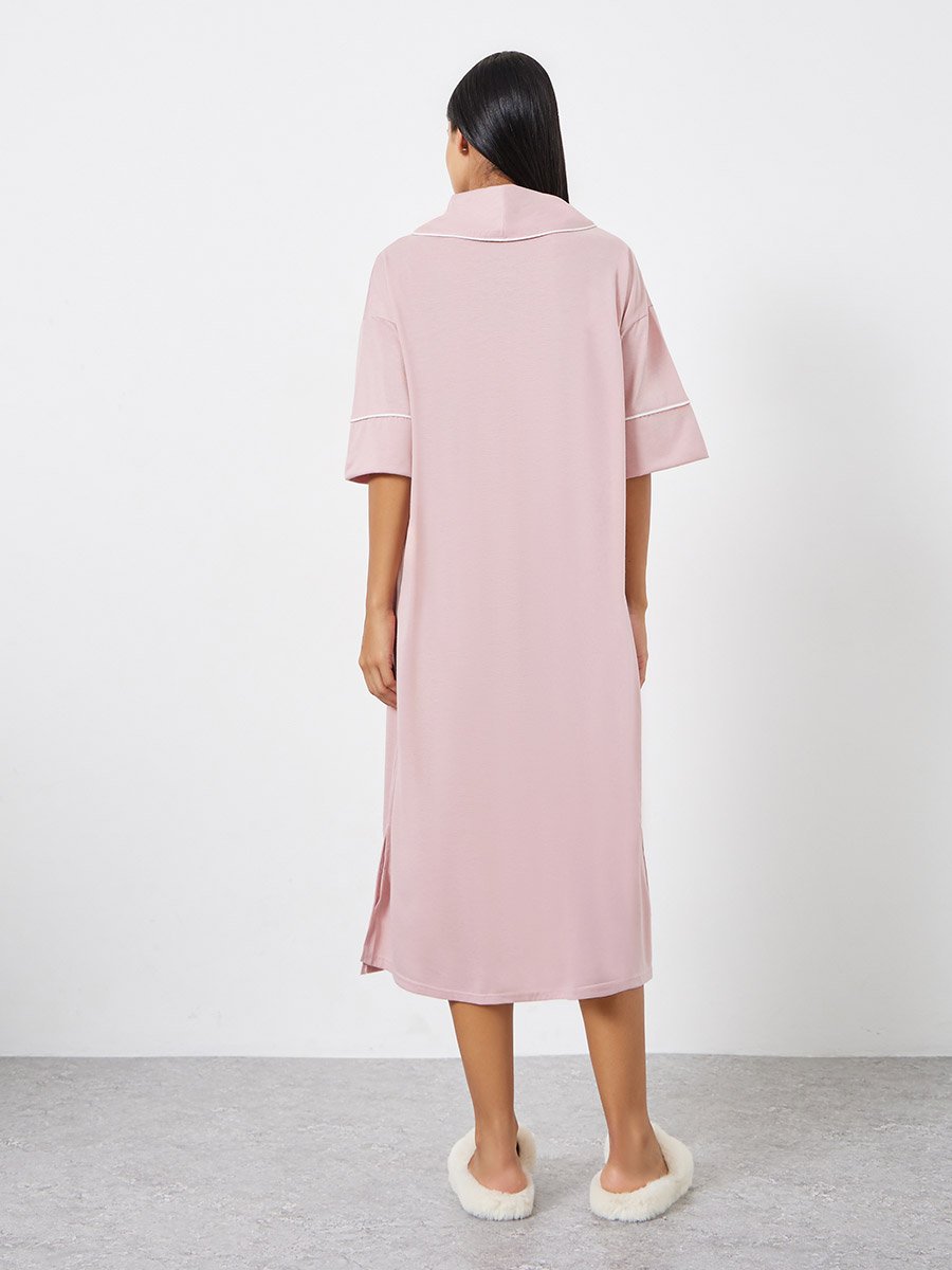 Contrast Piped Half Placket Nightshirt Dress