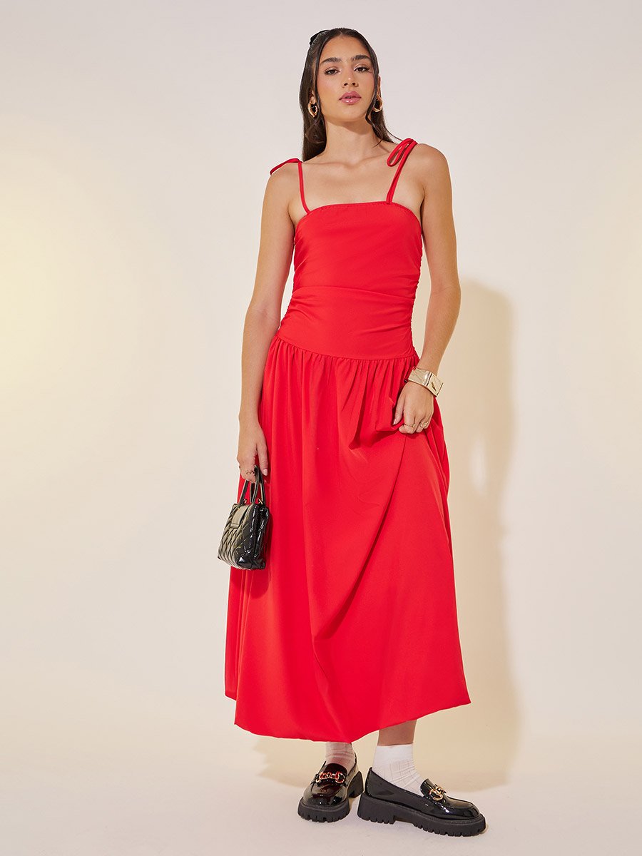 Solid Strappy Balloon Hem Midi Dress