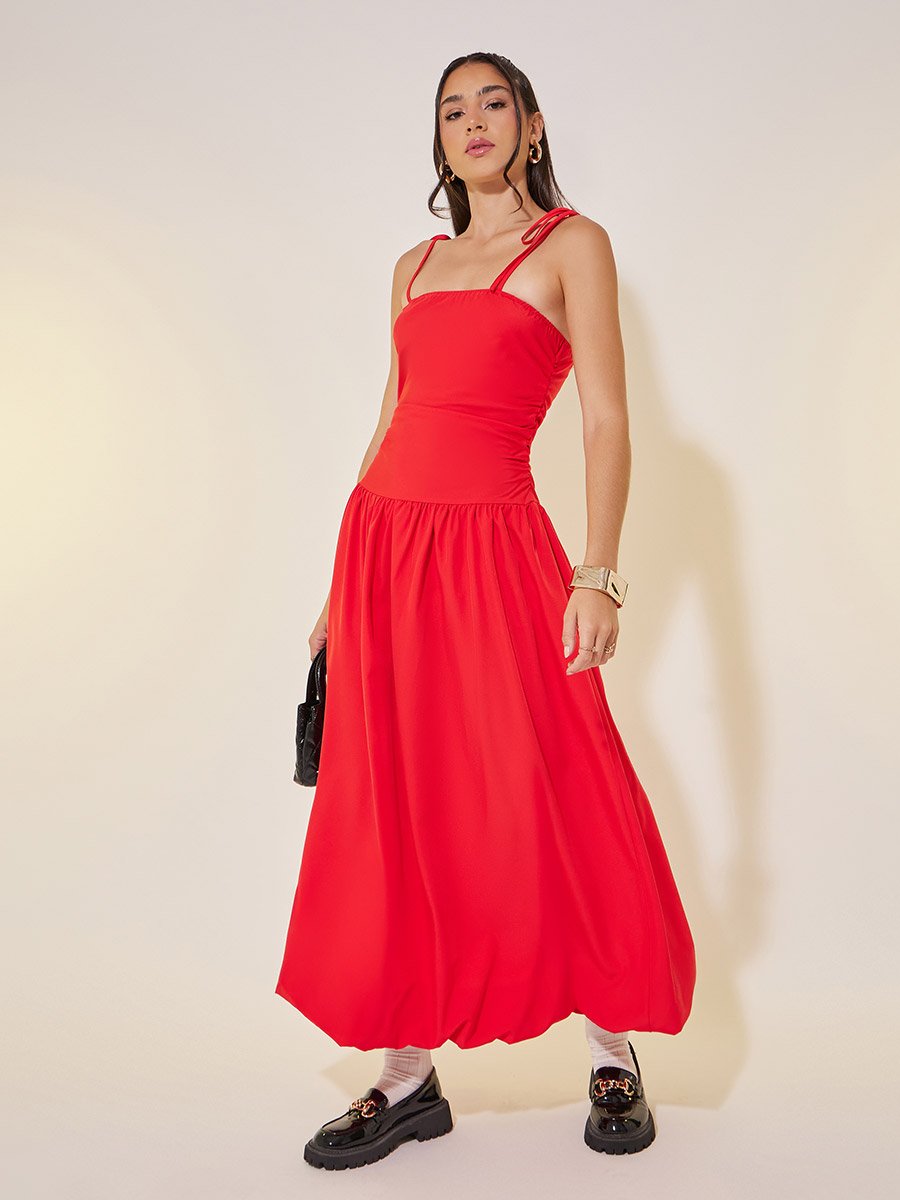 Solid Strappy Balloon Hem Midi Dress