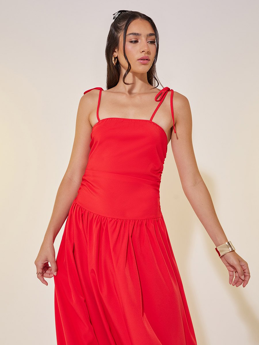 Solid Strappy Balloon Hem Midi Dress