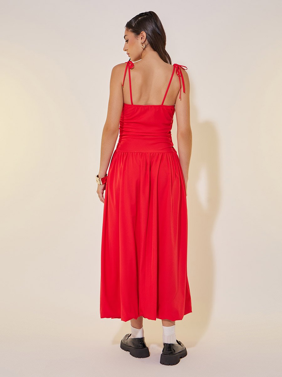 Solid Strappy Balloon Hem Midi Dress
