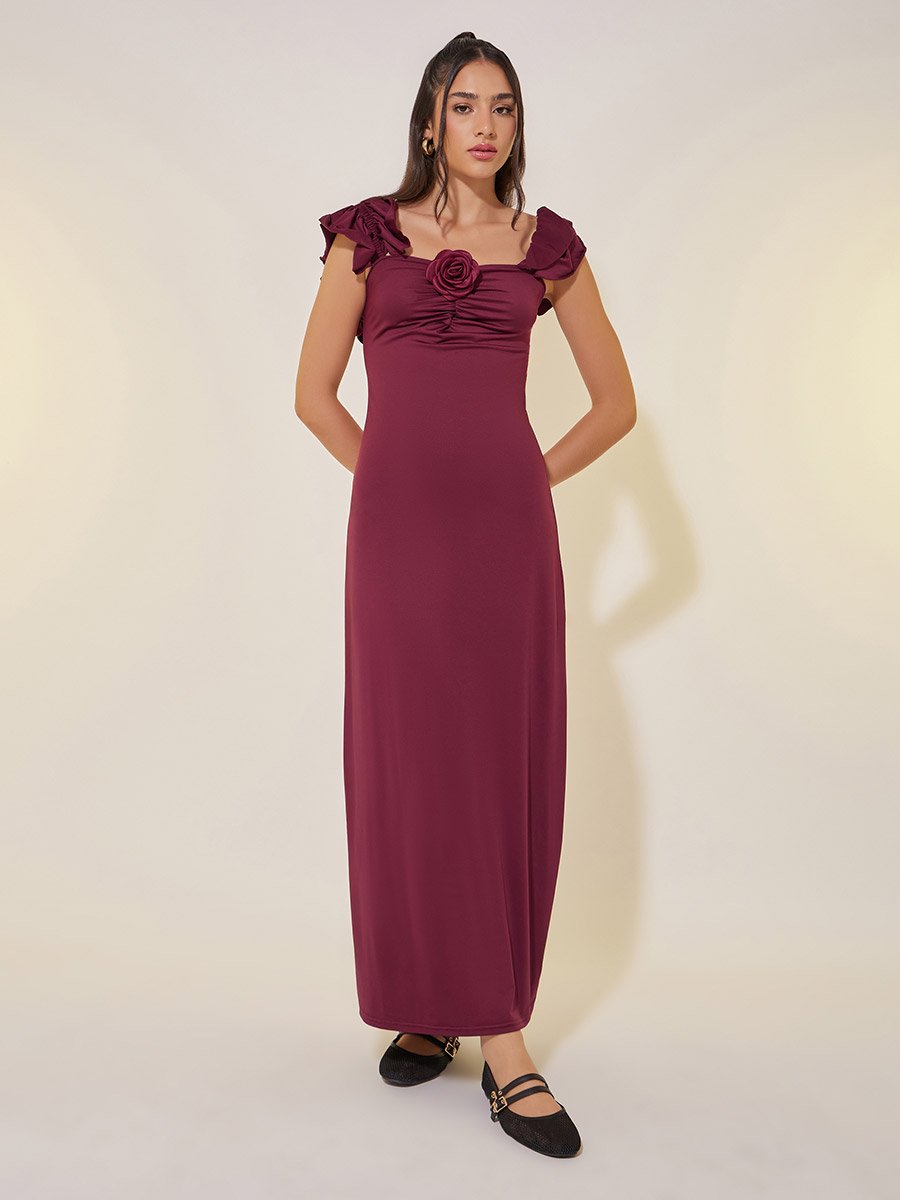 Solid Ruffled Sleeves Sheath Maxi Dress with Corsage Detail