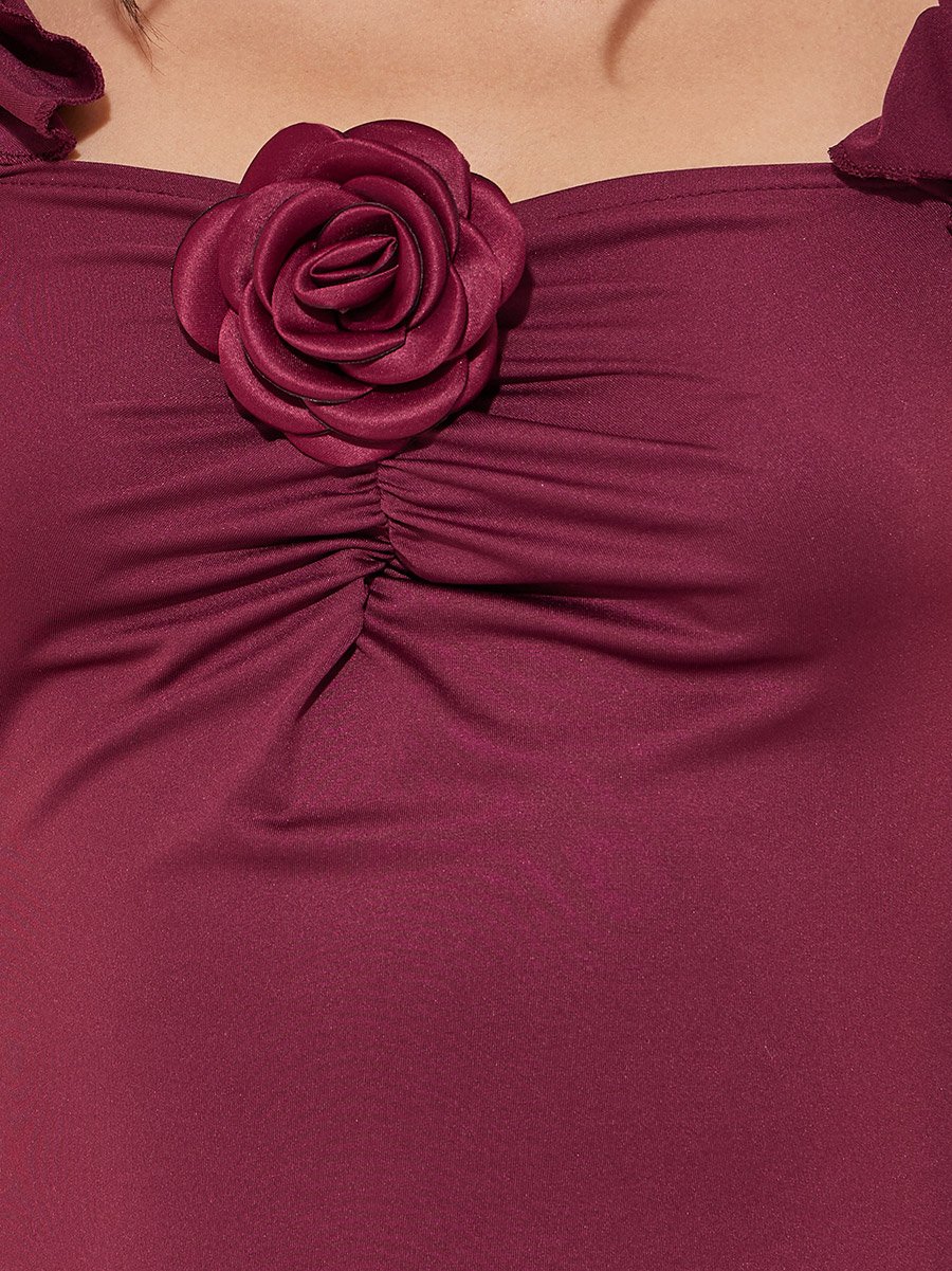 Solid Ruffled Sleeves Sheath Maxi Dress with Corsage Detail