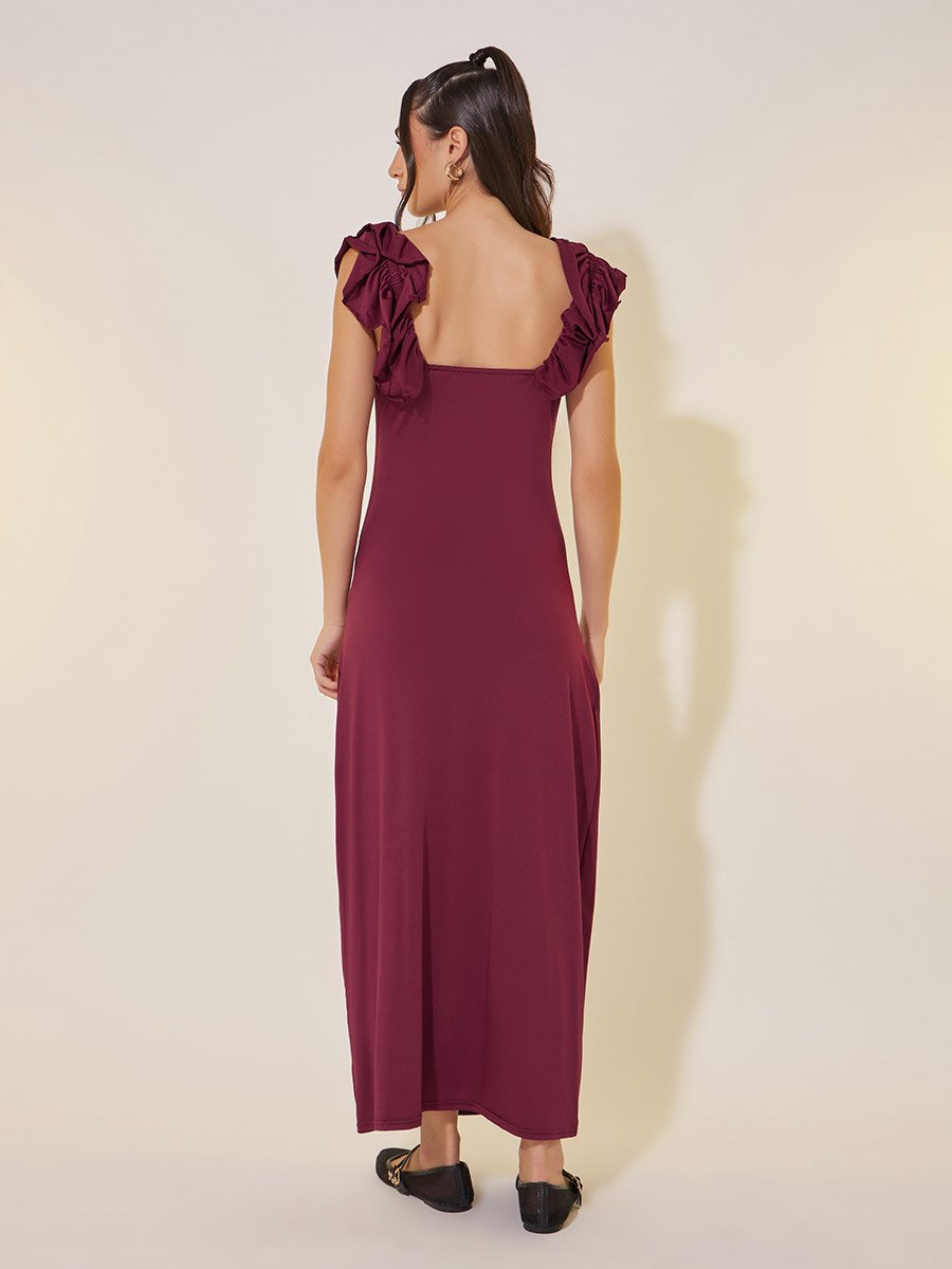 Solid Ruffled Sleeves Sheath Maxi Dress with Corsage Detail