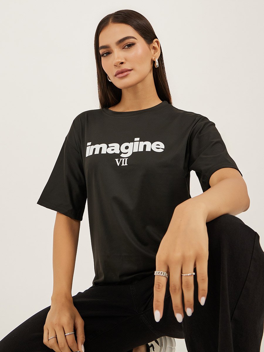 Slogan Print Round Neck Short Sleeve T-Shirt