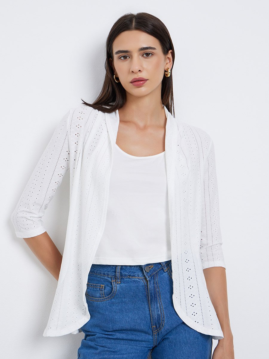 Women White Eyelet Detail Open Front Shrug