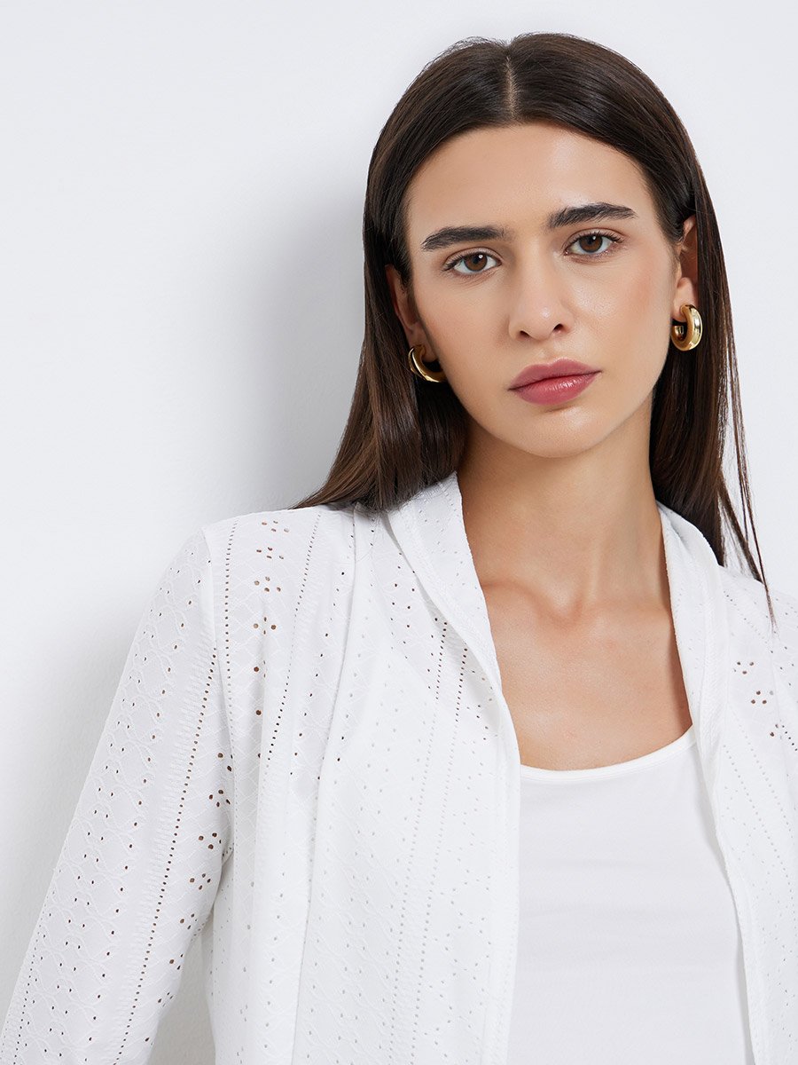 Women White Eyelet Detail Open Front Shrug