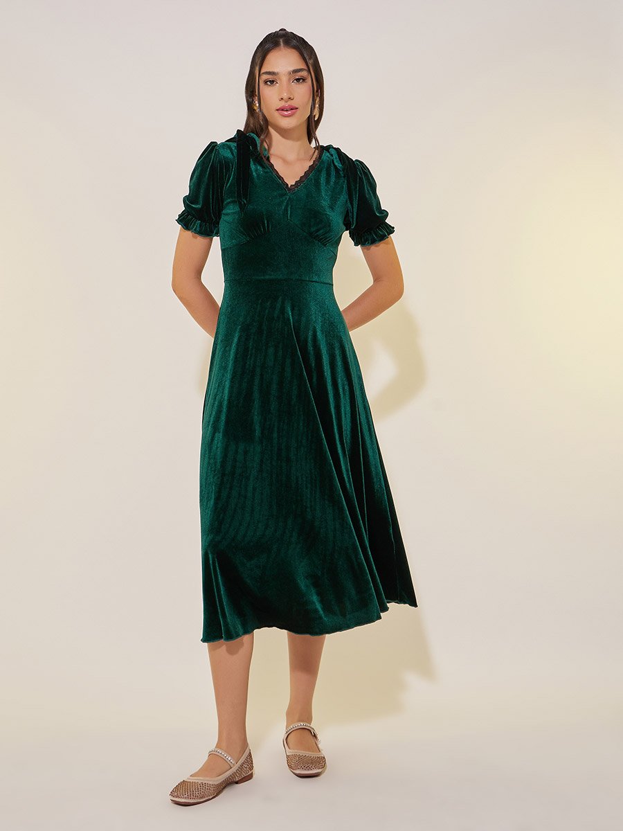 Solid Velvet Look V-Neck A-Line Midi Dress