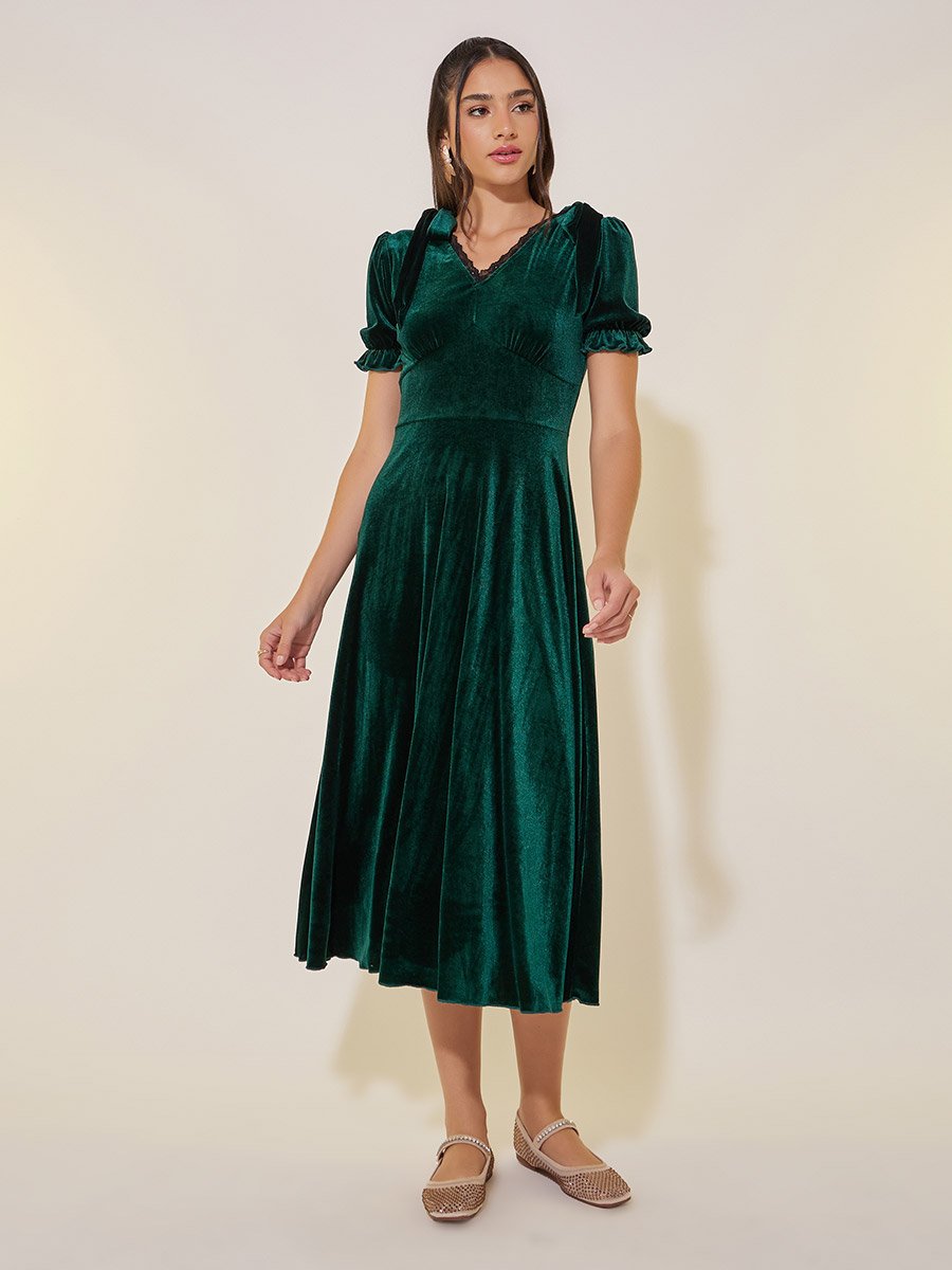 Solid Velvet Look V-Neck A-Line Midi Dress