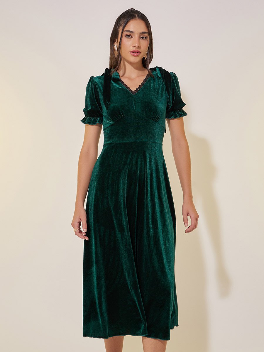 Solid Velvet Look V-Neck A-Line Midi Dress