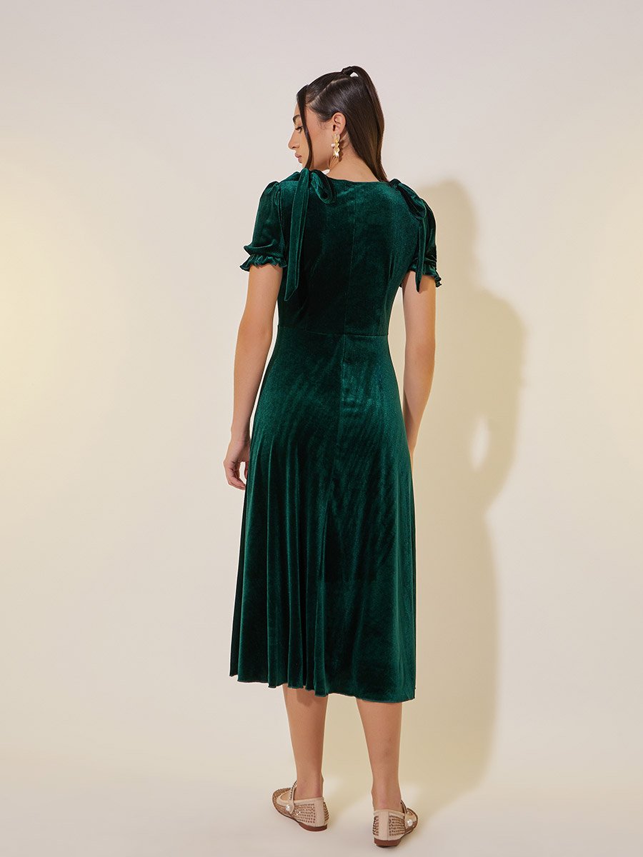 Solid Velvet Look V-Neck A-Line Midi Dress