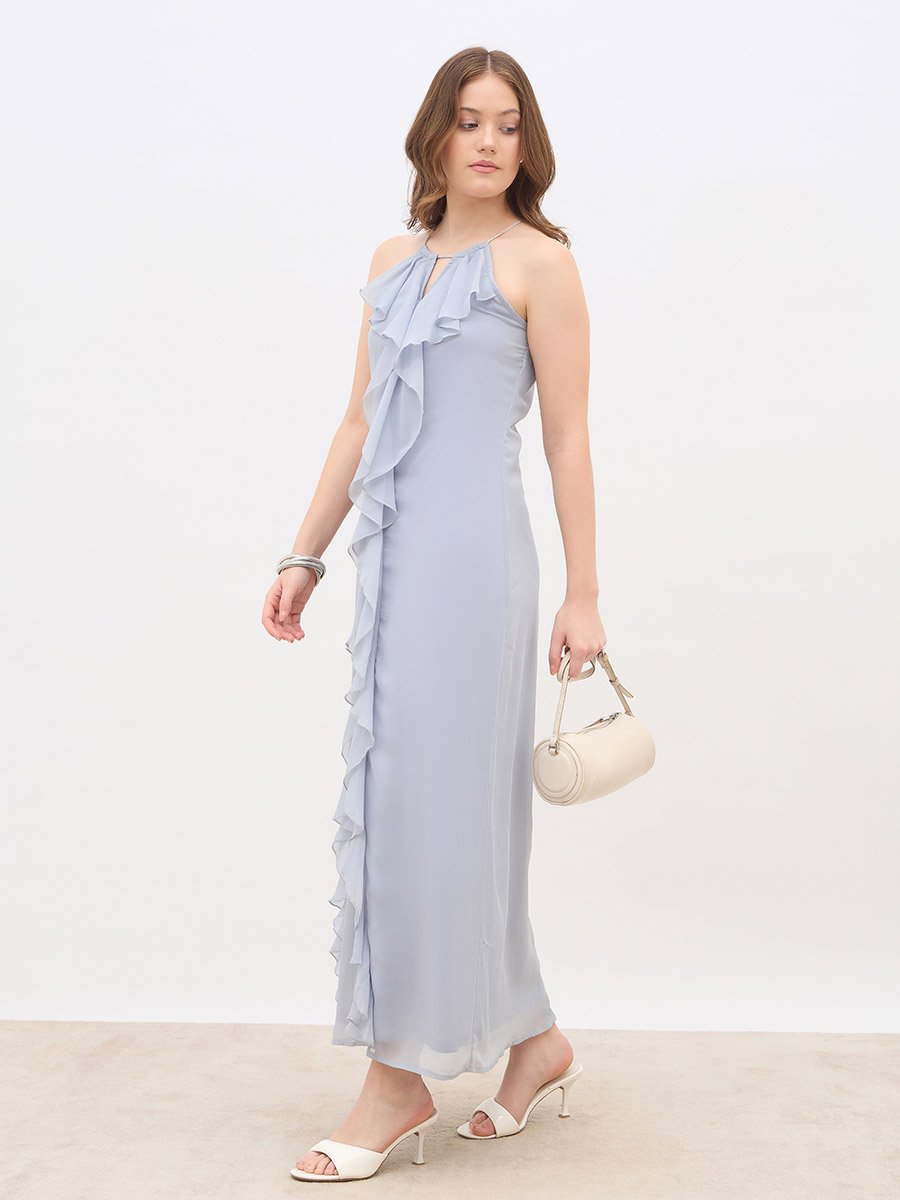 Solid Ruffle Detail Sleeveless A-Line Maxi Dress