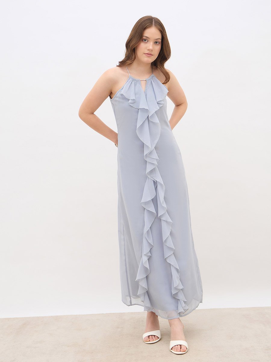Solid Ruffle Detail Sleeveless A-Line Maxi Dress