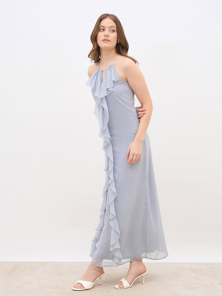 Solid Ruffle Detail Sleeveless A-Line Maxi Dress