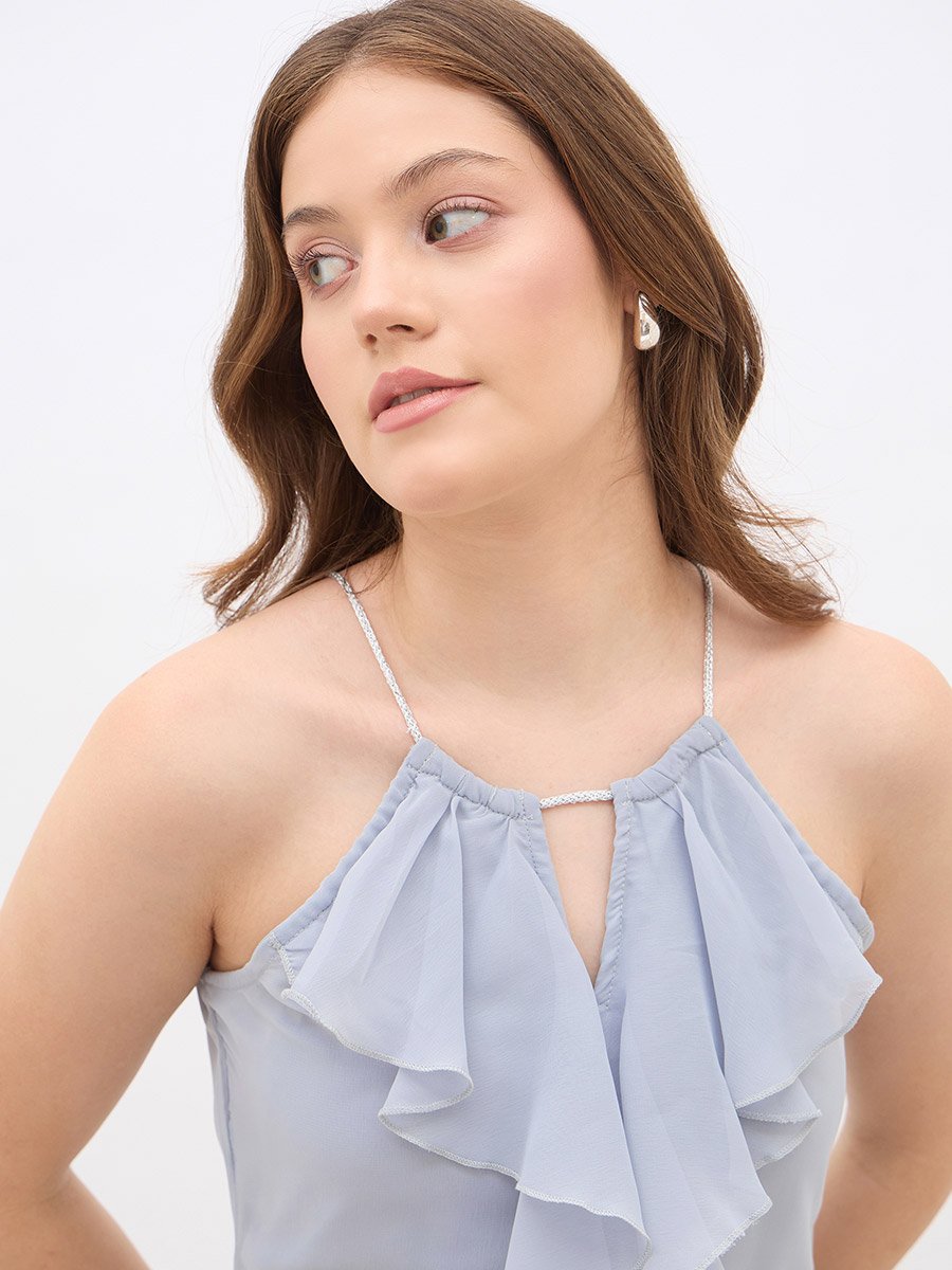 Solid Ruffle Detail Sleeveless A-Line Maxi Dress