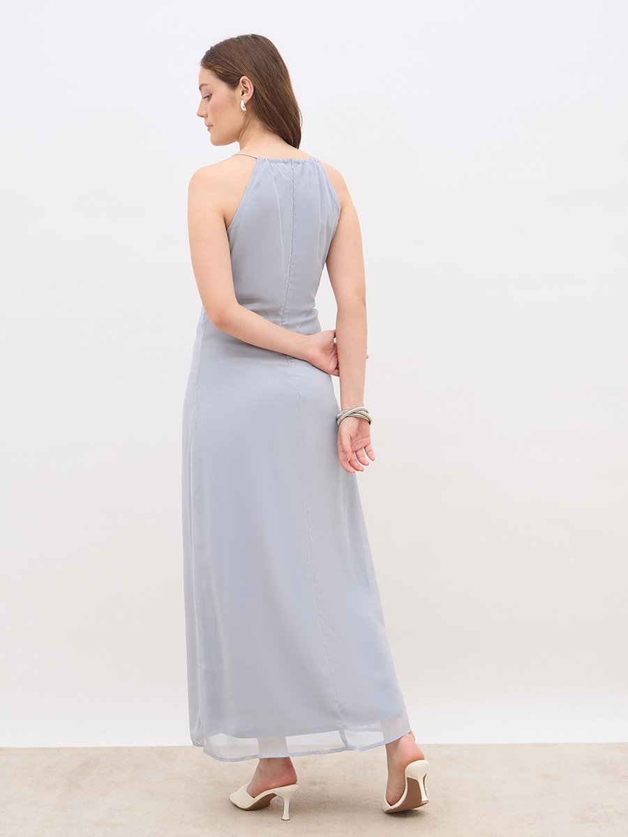 Solid Ruffle Detail Sleeveless A-Line Maxi Dress