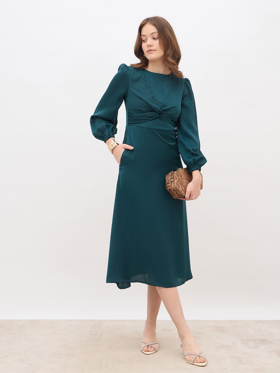 Women Teal Plain Satin Knot Front Balloon Sleeves A-Line Midi Dress