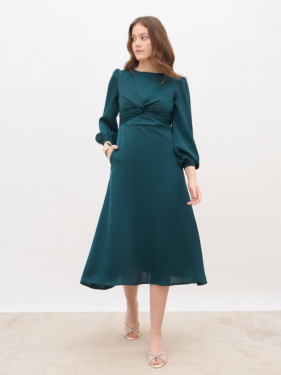 Women Teal Plain Satin Knot Front Balloon Sleeves A-Line Midi Dress